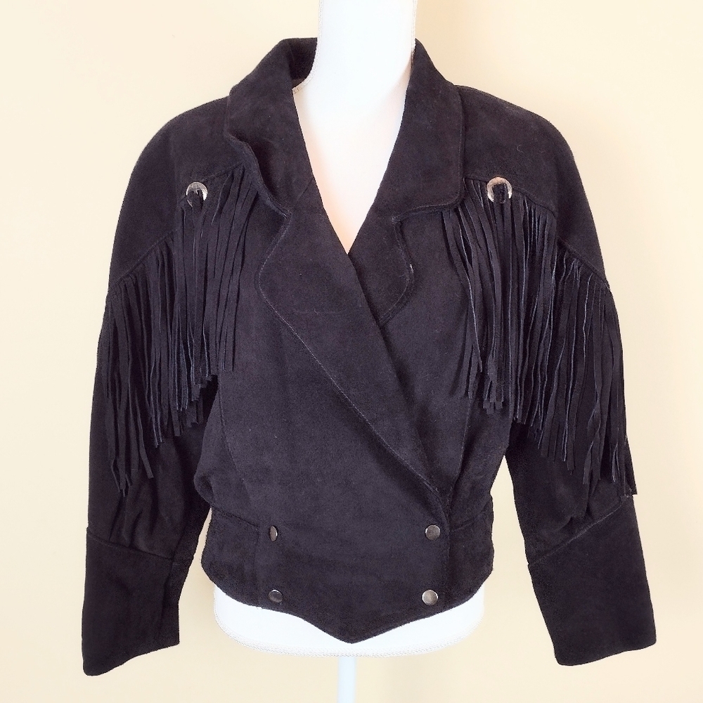 g4000 Black Vintage Suede Leather Fringe Jacket Sz M